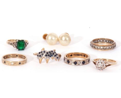 Mixed Lot: 9ct gold, diamond and sapphire full eternity ring, size J, a modern 375 stamped dolphin ring, a small sapphire and