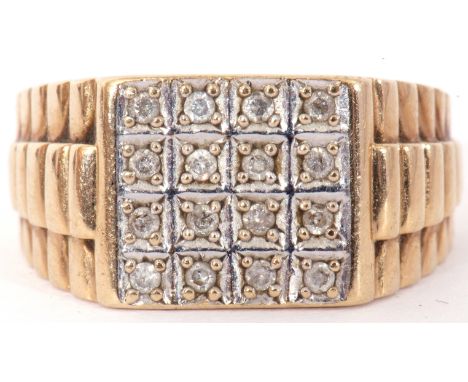 Gents 9ct gold and diamond ring, the square panel set with 16 small diamonds, set between textured shoulders, size R/S, g/w 7