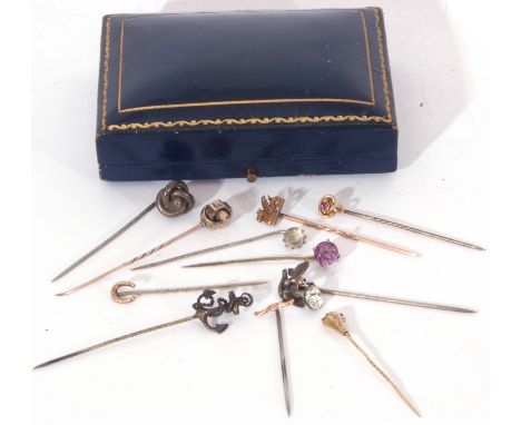 Mixed Lot: eleven various vintage stick pins, an anchor finial example, a knot design pin, paste set examples etc