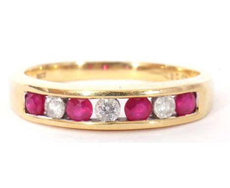 Modern ruby and diamond ring, an alternate design featuring four round cut faceted rubies and three round cut brilliant cut d