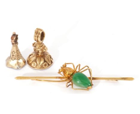 Mixed Lot: Chinese mid-grade yellow metal and jade set spider brooch, together with two antique Victorian gold filled seal fo