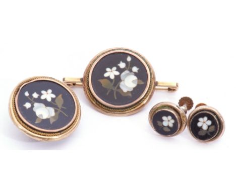 Cased Victorian petra dura jewellery to include cloak button, brooch and earrings, the black panels inlaid with forget-me-not