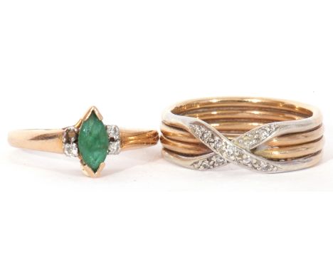 Mixed Lot: a 585 stamped lozenge shaped emerald and three small diamond set ring (one diamond missing), size J, together with