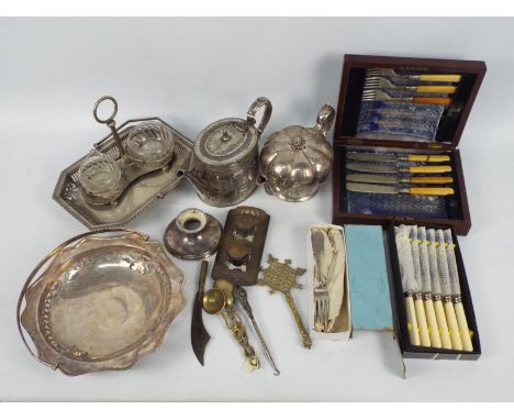 Lot to include plated ware, brassware, flatware, silver handled button hook.