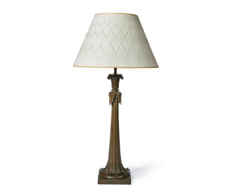 
	
		A MODERN BRONZED TABLE LAMP
		with foliate capital and stem on square base, paper shade
		53cm
		
		
		Condition Report: