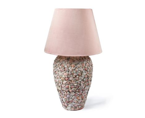 
	
		A MODERN LARGE BALUSTER SHAPED SHELL ENCRUSTED LAMP BASE
		with faded pink shade
		75cm high
		
		
		Condition Report: 
