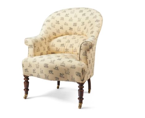 
	
		A VICTORIAN WALNUT AND UPHOLSTERED NURSING CHAIR
		CIRCA 1880 AND LATER UPHOLSTERED
		The typical tub-back above integra