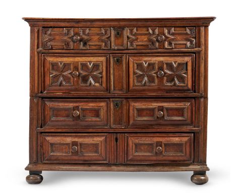 
	
		A CHARLES II OAK CHEST OF DRAWERS
		LATE 17TH CENTURY
		Each drawer with moulded front, above bun feet
		100cm high, 114