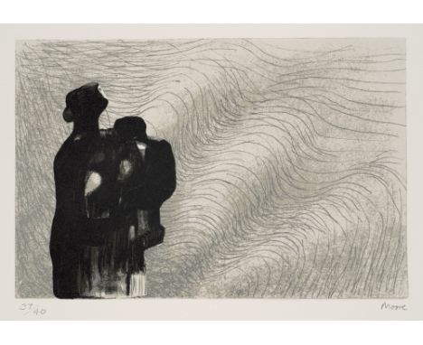 Henry Moore.  (1898 Castleford - 1986 Cambridge). Mother and child with wave background III. 1976. Lithographie auf chamoisfa