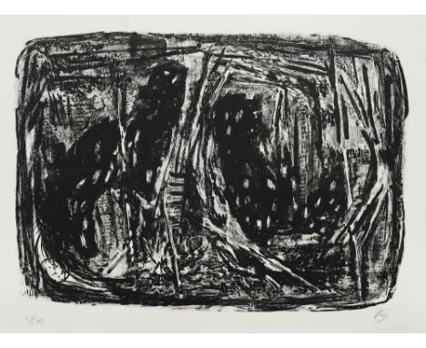 Markus Lüpertz.  (1941 Liberec -  lebt in Berlin u. Düsseldorf). Komposition räumlich. 1980. Lithographie auf chamoisfarbenem