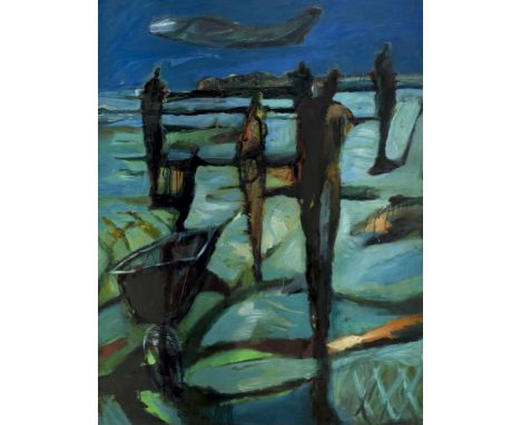 Roland Borchers.  (1958 Leipzig). Luftbrücke. 1989. Acryl auf Platte. 125 x 95 cm. Signiert und datiert, verso betitelt. Gera