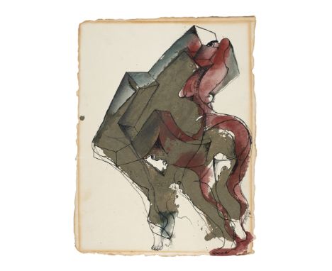 Fluxus - - Wolf Vostell.  (1932 Leverkusen - 1998 Berlin). Figurengruppe. 1988. Mischtechnik m. Gouache und Beton auf Bütten.