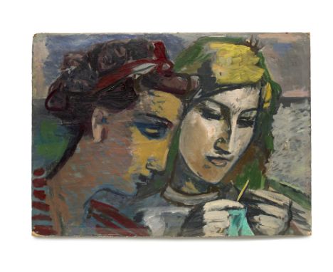 Kurt Bunge.  (1911 - 1998). o.T. (Zwei Frauen, Gerda Bunge und Katja Georgi). Öl auf Platte. 47 x 65 cm. In weißer Holzleiste