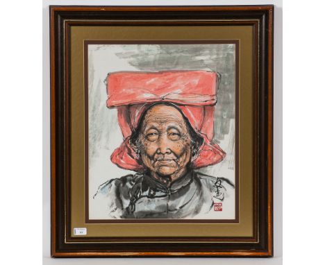 ONG BOON KONG (CONTEMPORARY SINGAPORE),
PORTRAIT OF A WISE WOMAN
watercolour on paper, signed
53cm x 44cm
Mounted, framed and