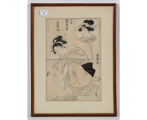 JAPANESE WOODBLOCK PRINT BY TOYUKUNI
showing two females, mounted, framed and glazed, 48cm x 37cm overall 
