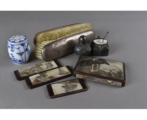 A Chinese mother-of-pearl inlaid box AF, together with a Chinese silver cruet set, a pair of silver backed brushes, a lead cr