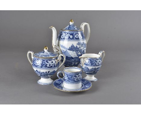 A Wedgwood blue and white coffee set, of classical form and decorated in the deer pattern, Wedgwood vase marks to the base, c