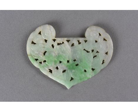 A 19th Century Chinese jade carved panel, of heart design, with pierced floral decoration, 4.2 cm x 5.5 cm 