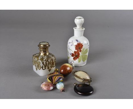 A small collection of novelty scent bottles, in materials including glass, ceramic, mother-of-pearl, and enamel (8) 
