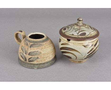 A St Ives stoneware pottery sugar bowl and cover, the ash glaze with iron oxide painted design, with impressed St Ives mark t