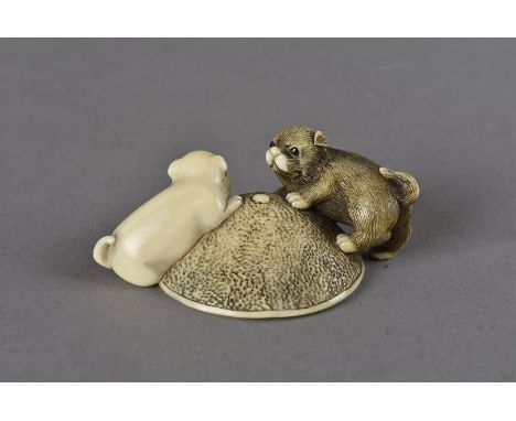 A Meiji period Japanese ivory netsuke, modelled as a pair of puppies playing on a coolie hat, one in white with black eyes, t