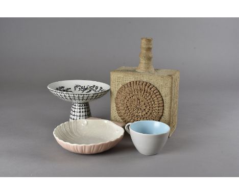 A Poole pottery cylindrical lamp base, a Poole pottery shell butter dish, a Bernard Rook stoneware lamp base and other items 