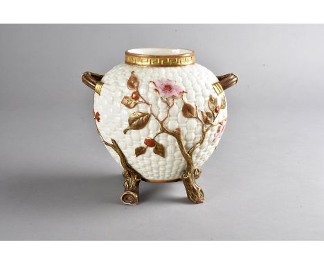 A 19th Century Royal Worcester blush ivory twin handled moon flask, with moulded basket design, having applied apple blossom 