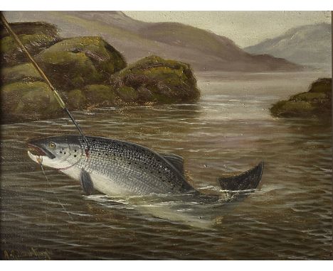 Roland Knight (1879-1921), pair of oil on canvas salmon fishing pictures 'The Gaff' and 'The Rise', each signed lower left 15