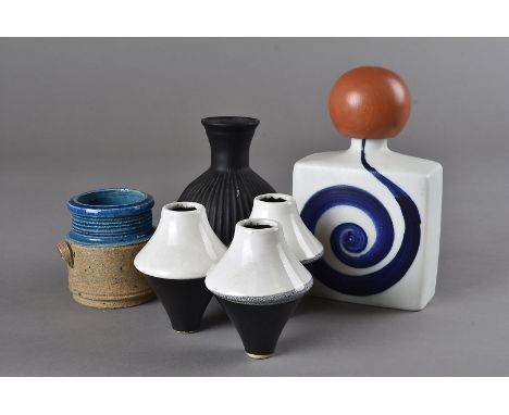 A small collection of contemporary pottery, including a Danish stoneware vase, a three division vase, a stoneware decanter wi