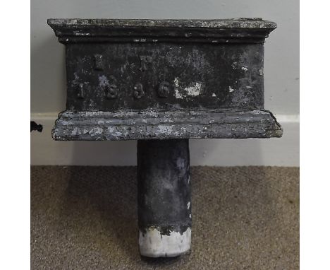 A 19th century dated lead hopper, of rectangular shape, with initials IP and date 1836, 42 cm wide X 50 cm with brackets (now