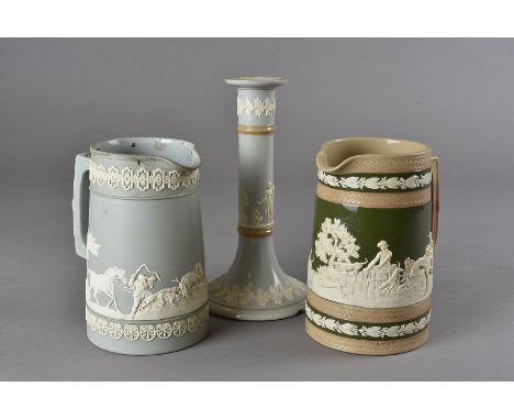 A small group of Copeland late Spode jasperware, including two jugs and an electric lamp base 20.5 cm H and smaller (3) 