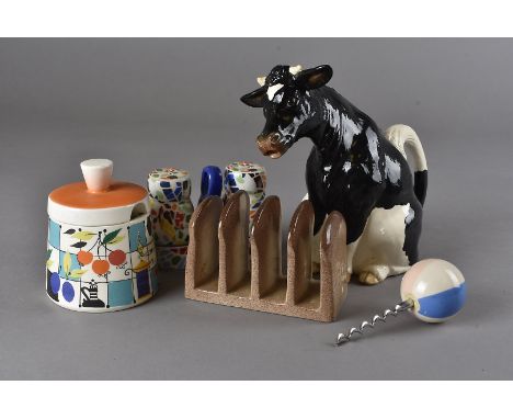 A collection of modern ceramics, including a Goebel preserve pot, a novelty corkscrew, a Herriot Collection cow creamer by En