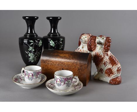 A pair of 19th Century Samson porcelain coffee cans and saucers, in the New Hall style with pink ribbon and floral design tog