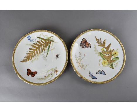 A set of four 19th Century Royal Worcester botanical and insect cabinet plates, with gilded floral studies interspersed with 