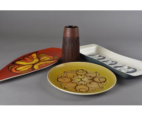 Five items of Poole Pottery, including an Aegean long dish, a terracotta ribbed vase, a prawn dish, and two other of c. 1970s