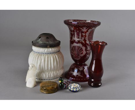 A mixed lot, including a Bohemian/Teutonic lapidary cut red flash trumpet vase, a latte glass ceiling light shade, a faux tor