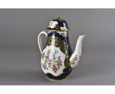 A 19th century Worcester style porcelain coffee pot, the body with scale blue ground and reserves painted with brightly colou