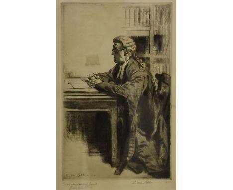 S Van Abbie, or similar, 1900's etching, of seated barrister with annotations and signed, 33 cm x 20 cm together with a Japan