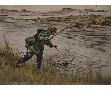 A Henry Wilkinson colour lithograph 'Fly-fishing', limited edition 32/150 and signed in pencil to the border, and another of 