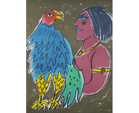 CORNEILLE (1922-2010)Lithograph Woman with bird, numbered 119/150, signed and dated '98.Lithografie Vrouw met vogel, genummer