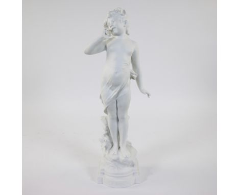 Auguste MOREAU (1834-1917)Biscuit figurine Musing child, signed.Biscuit beeld Mijmerend kind , getekend.H 52.5 cm