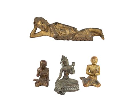 Collection of 4 Buddha statues: a reclining Thai Buddha made of gilded wood, Moggallana, disciple of Buddha (2) and Guan Yin 