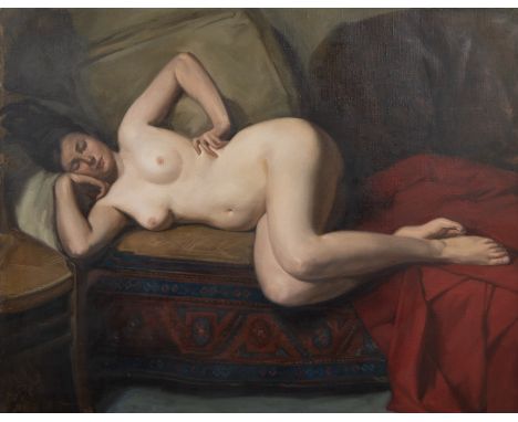 Robert VAN CAUWENBERGHE (1905-1985)Oil on canvas Nude on sofa, monogram.Olie op doek Naakt op de sofa, monogram.73 x 92 cm