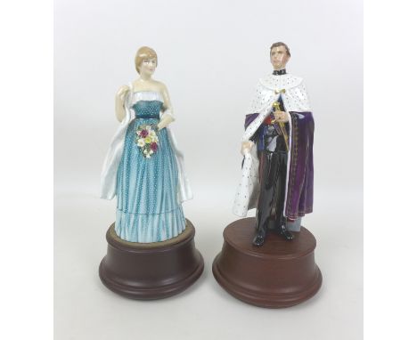 A pair of Royal Doulton Portrait Figures, modelled as HRH The Prince Of Wales, HN2883, and Lady Diana Spencer, HN2885, both l