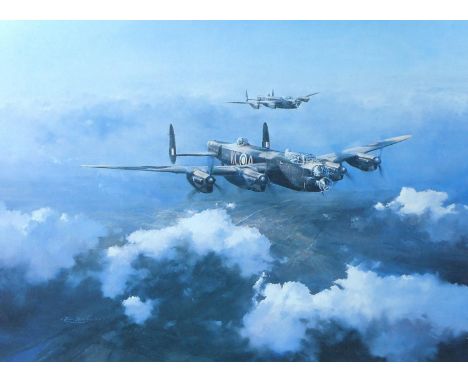 Seven colour prints of WWII British and other aircraft, including a Robert Taylor print, 'Lancaster', signed by Leonard Chesh