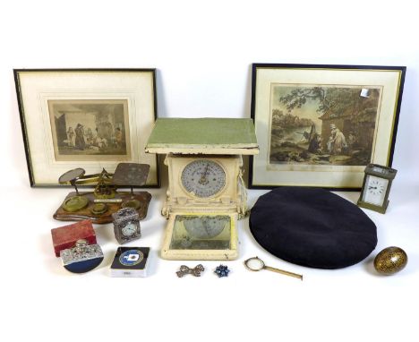 A group of mixed collectables, including a set of weighing scales, a set of postal scales, a brass carriage clock, a pair of 