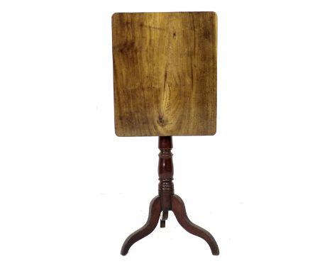 A Victorian mahogany tilt top table, with rectangular top, turned column with tripod base, 51 by 43 by 72cm high.Repair to tr