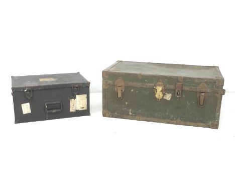 Two vintage metal trunks, one green painted metal, 78.5 by 44 by 34cm high, and one black painted metal 52 by 35.5 by 25cm, t