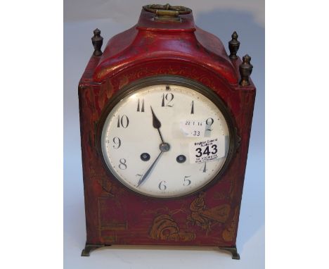 MANTLE CLOCK WITH RED CHINOISERIE DECORATED CASE