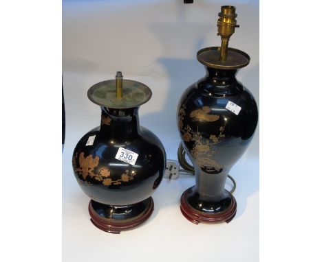 2 BLACK METAL ORIENTAL STYLE LAMP BASES WITH BRASS OVERLAY DECORATION